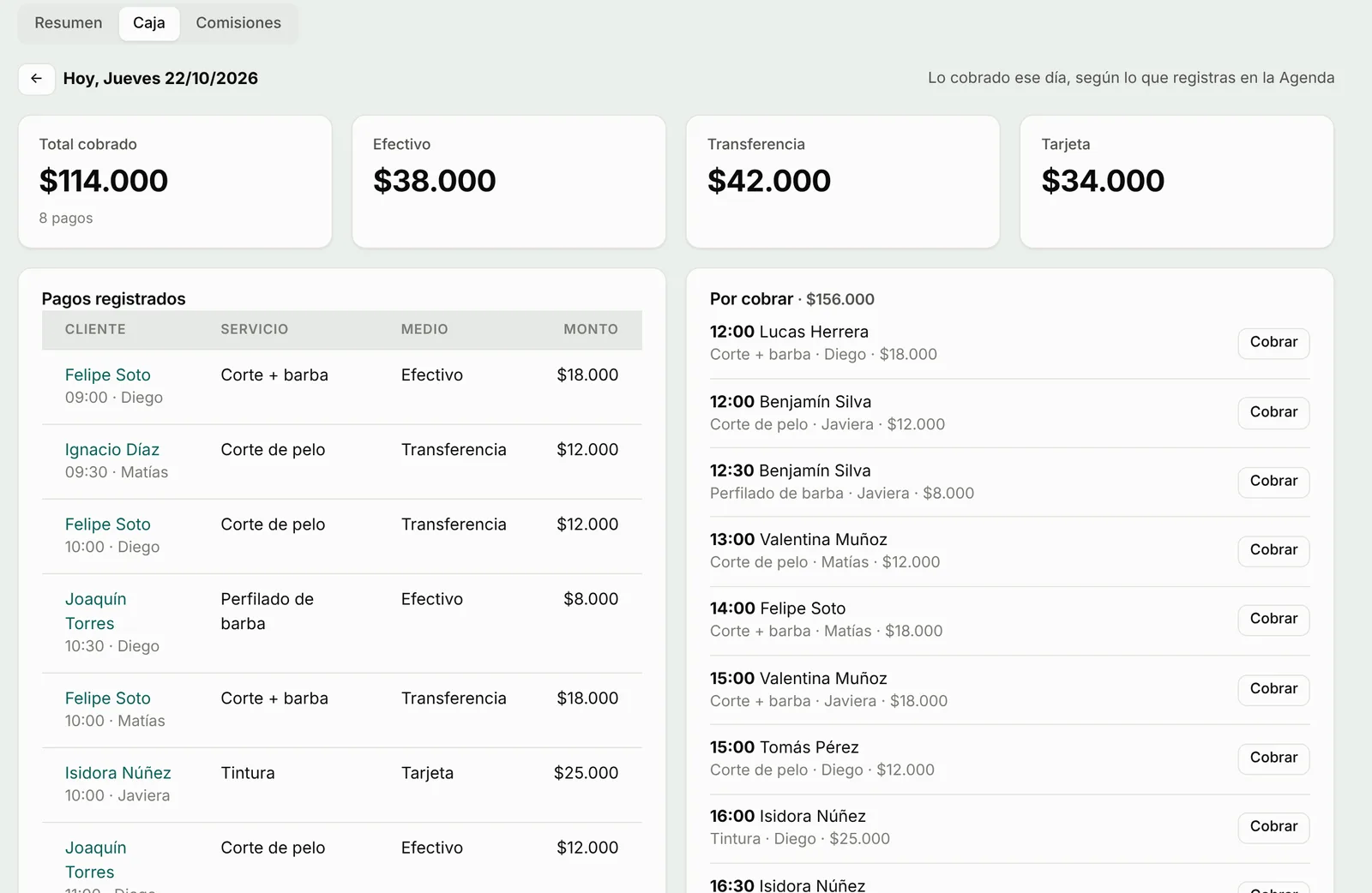 Caja del día con pagos por medio de pago y citas por cobrar