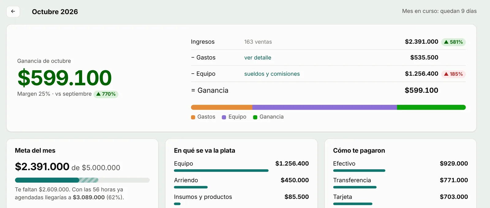 Resultado del mes con ingresos, gastos, equipo y ganancia